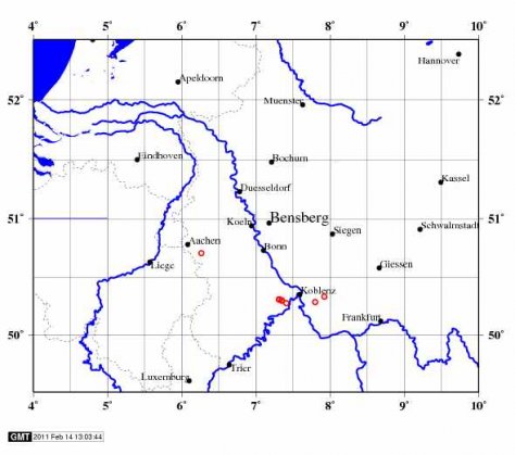 karte der aktuellen Erdbeben, Uni Koeln, 14.2.2011
