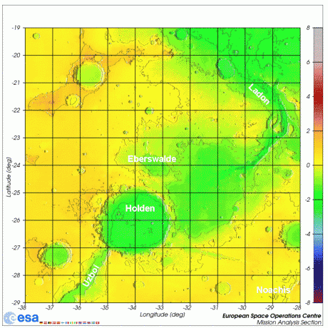 Annotated Map of Holden, Eberswalde, Uzboi and Ladon region in Noachis Terra, source: Michael Khan/ESA