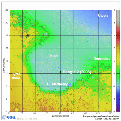 Annotated MOLA map of Isidis Planitia, source: Michael Khan/ESA