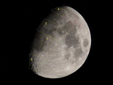 telescopic photograph of the waxing moon, taken on October 17, 2010, with four of the LOLA quiz regions, source: Michael Khan