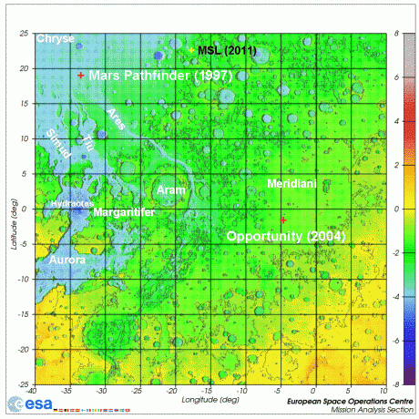 Annotated MOLA map of Meridiani Planum, source: Michael Khan/ESA