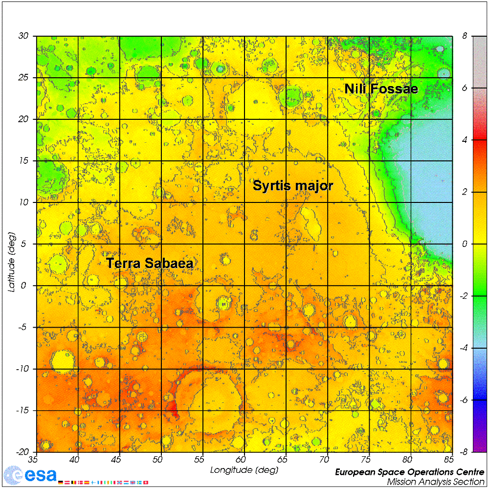 Ausschnitt der topographischen MOLA-Karte von Terra Sabaea bis Isidis Planitiam Quelle: M. Khan/ESA